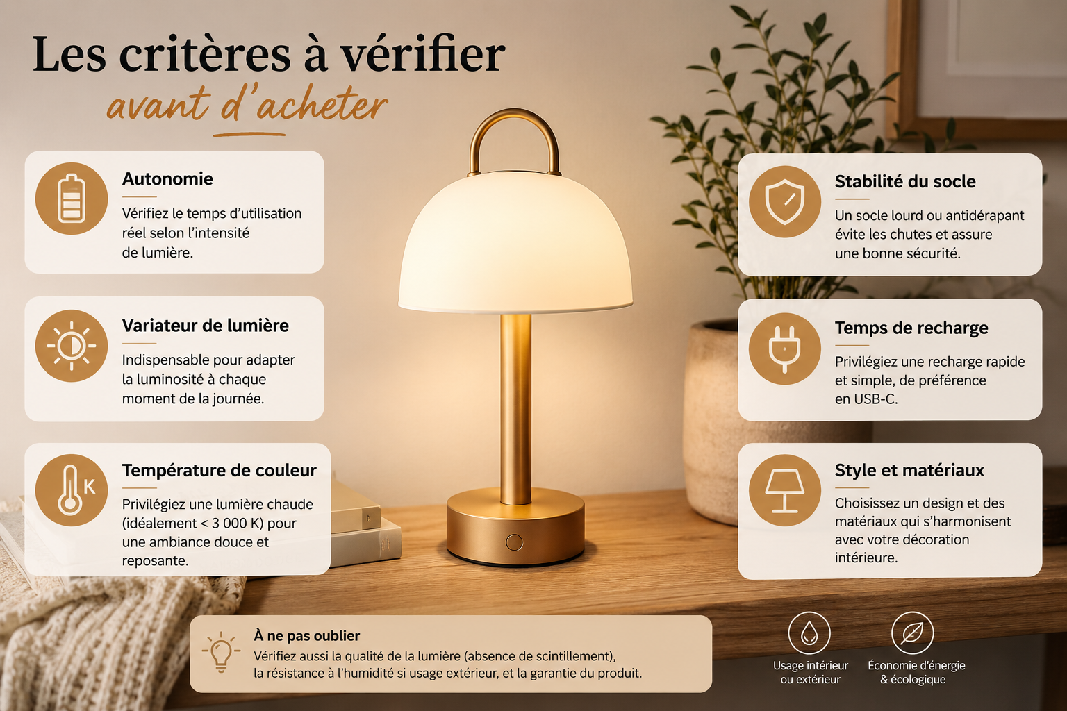 les critères à vérifier pour une lampe de chevet sans fils rechargeable.