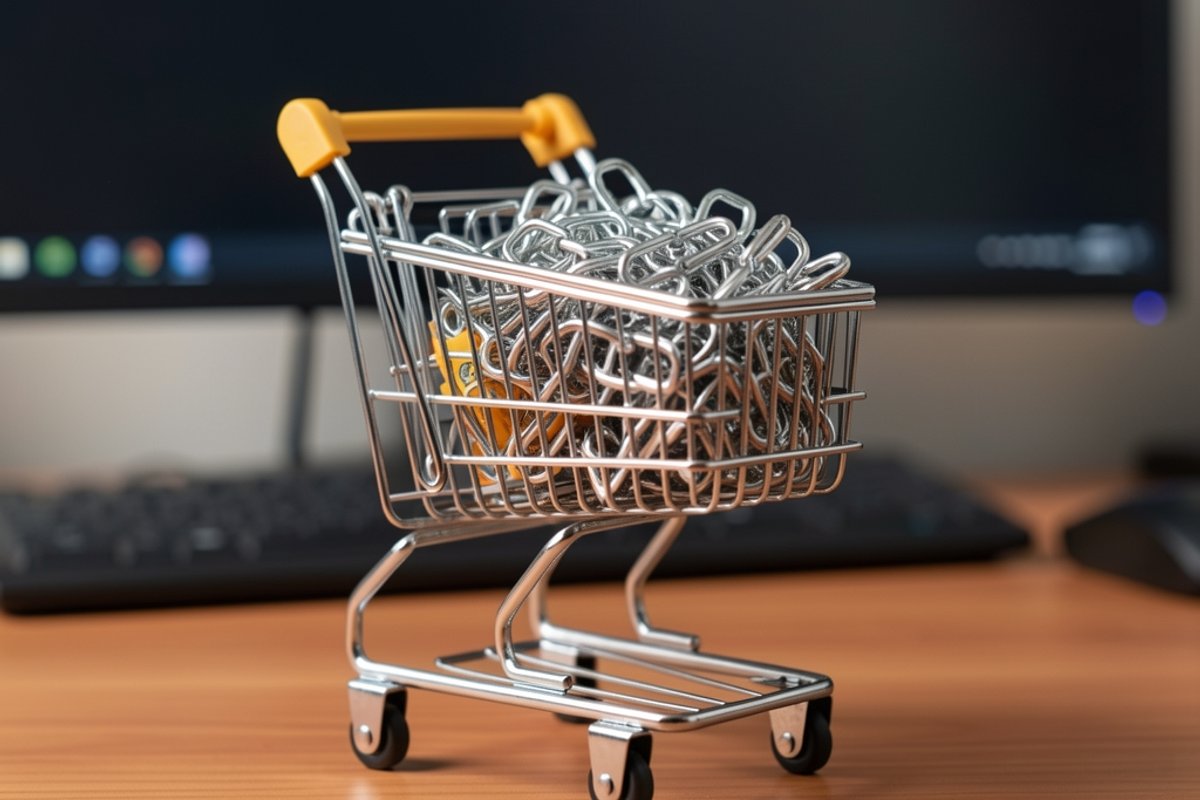 Caddie miniature rempli de maillons de chaîne métallique posé sur un bureau, illustrant l'achat de backlinks et le choix des ancres