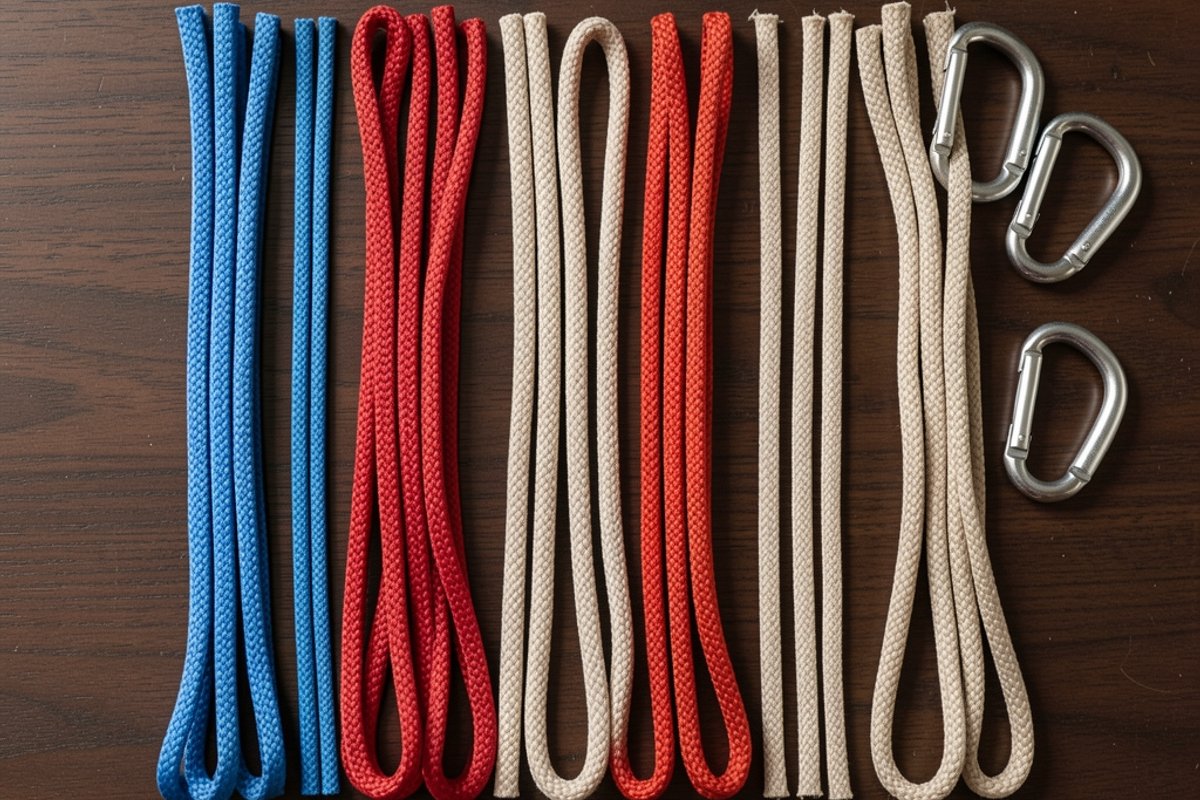 Assortiment de cordages et mousquetons de couleurs et tailles variées posés sur un bureau, illustrant la diversité d'un profil d'ancres