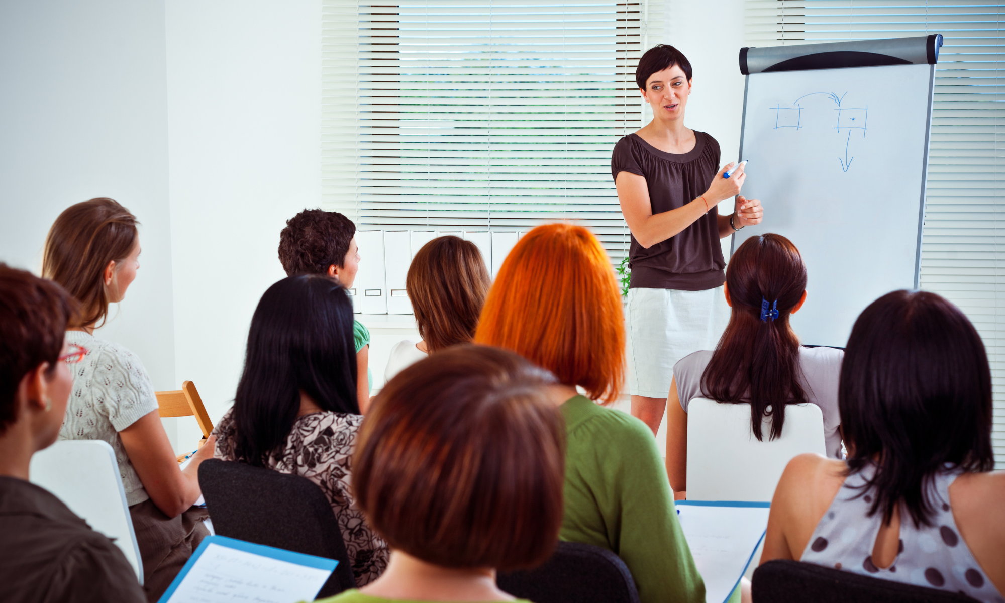 une femme qui donne un cours &agrave; plusieurs adultes