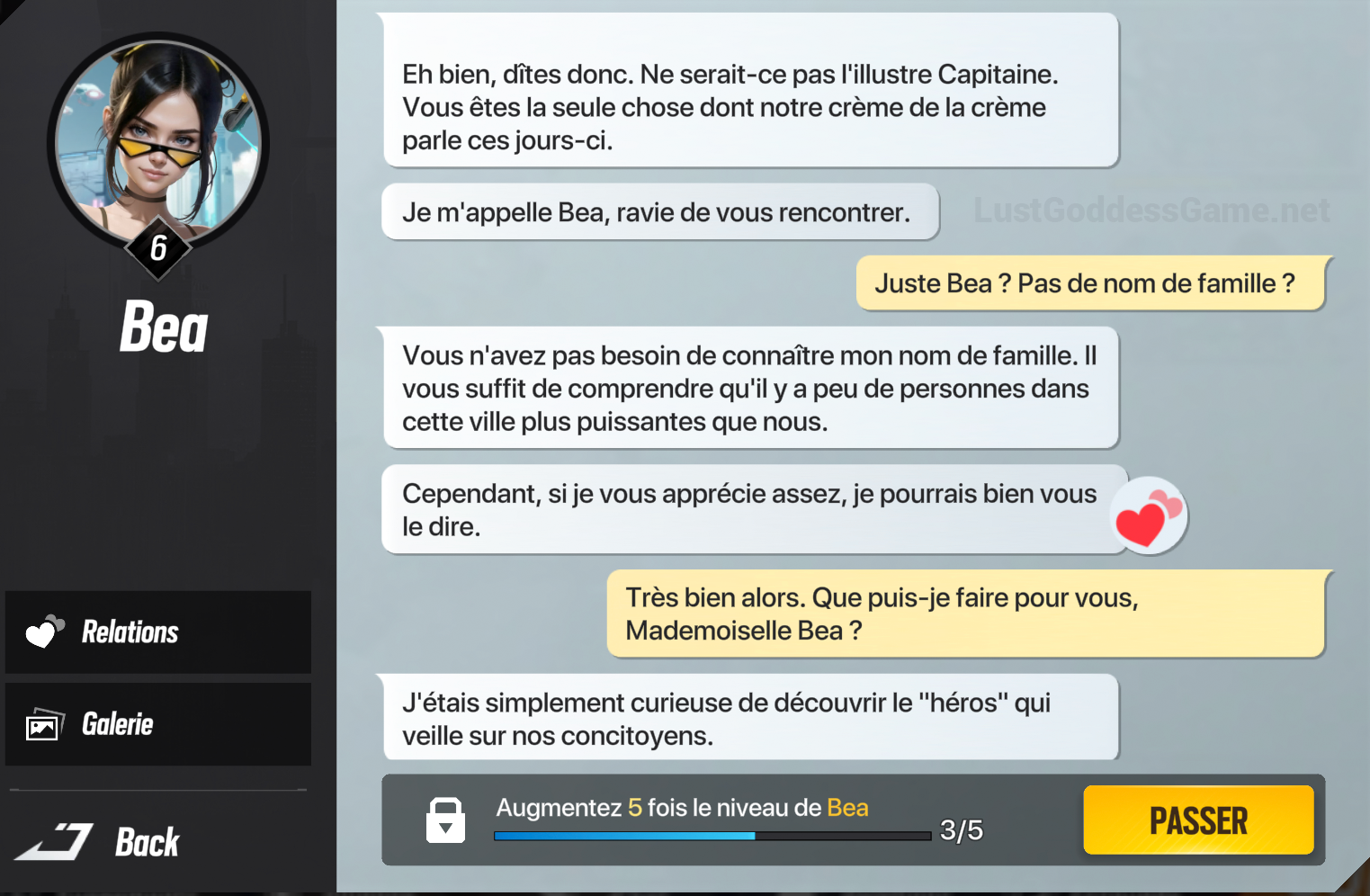 Discussion avec Béa dans Lust Goddess