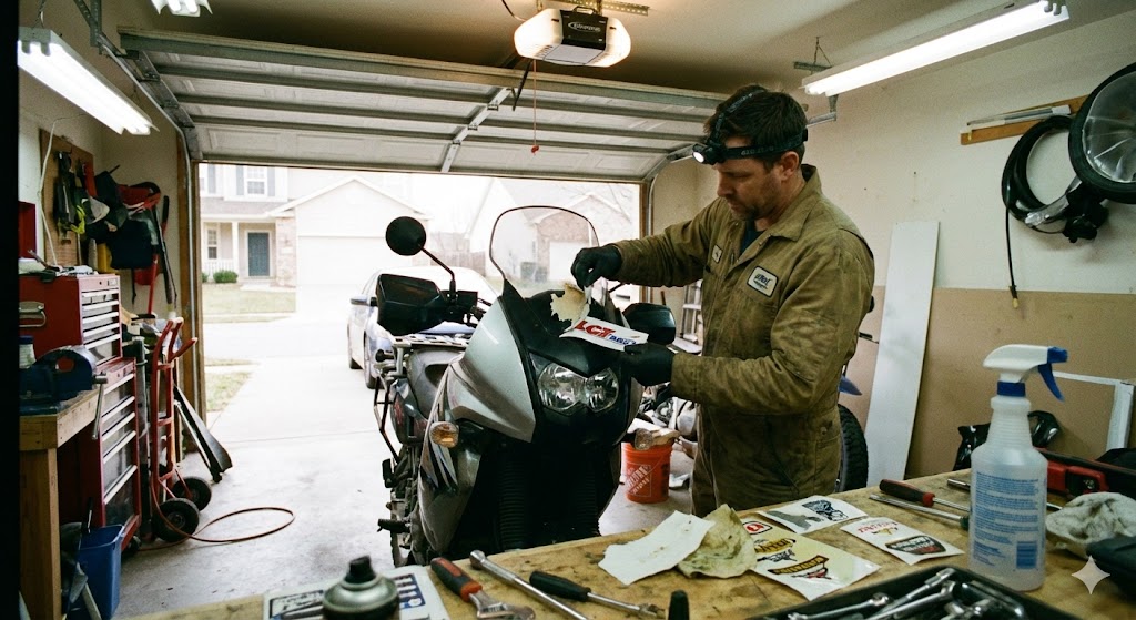 motard qui remplace un sticker abimé sur sa moto par un stickers achété chez gt-stickers.com