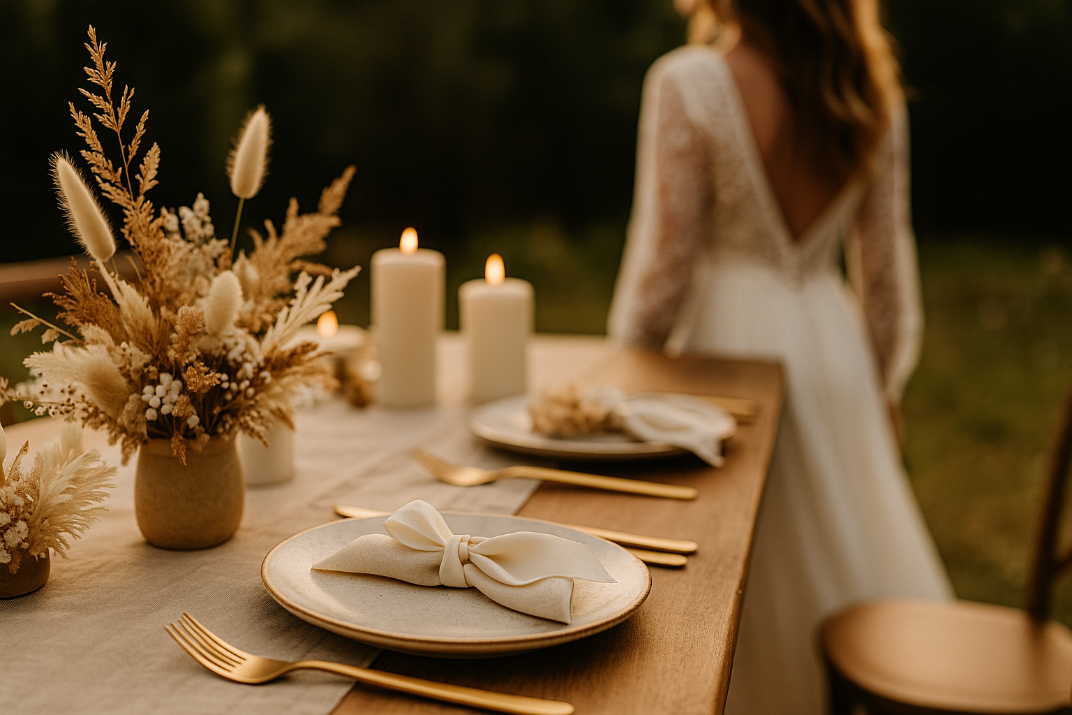 Détails d’une table de mariage bohème chic avec fleurs séchées, vaisselle artisanale et robe de mariée en dentelle dans un décor naturel