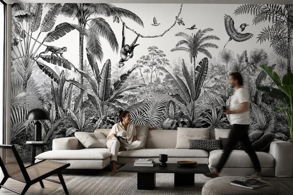 Papier Peint noir et blanc panoramique dans un salon
