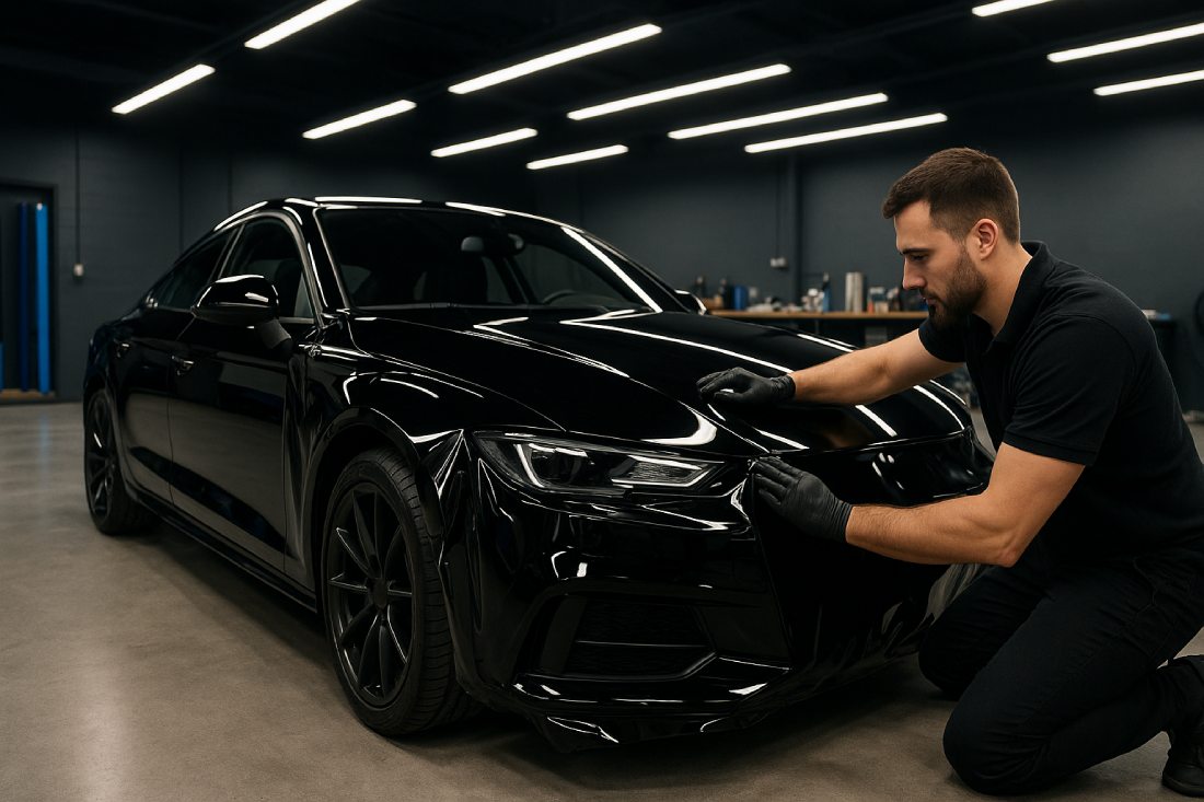 Pose par un professionnel d'un film noir brillantt sur carrosserie