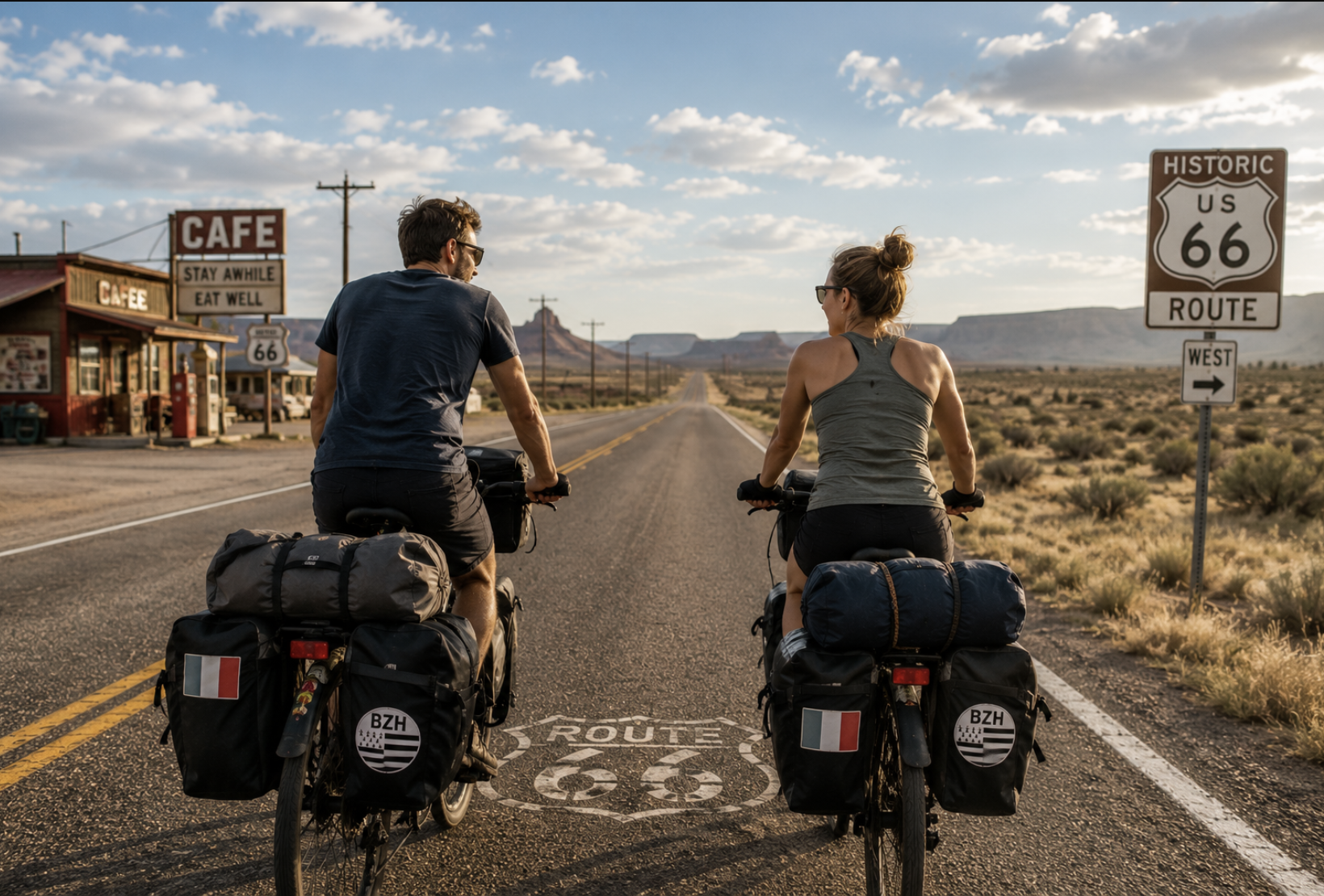 couple qui voyage sur la route 66 en velo et utlisent leur forfait international