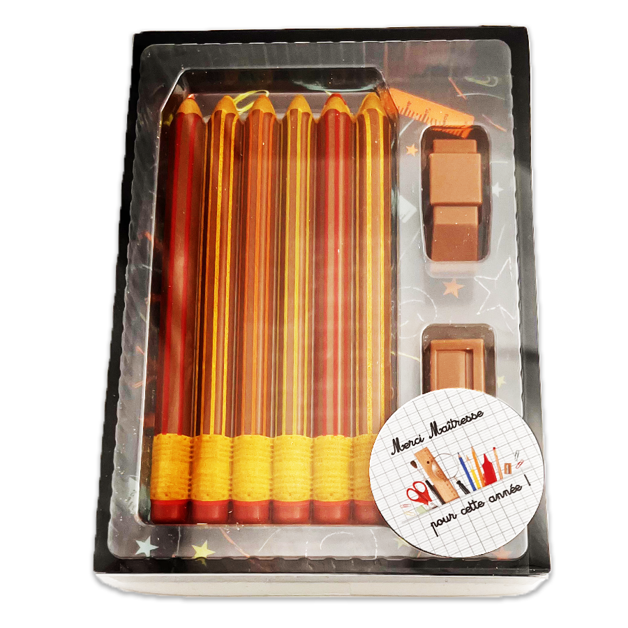 Idée cadeau maîtresse personnalisé crayons en chocolat