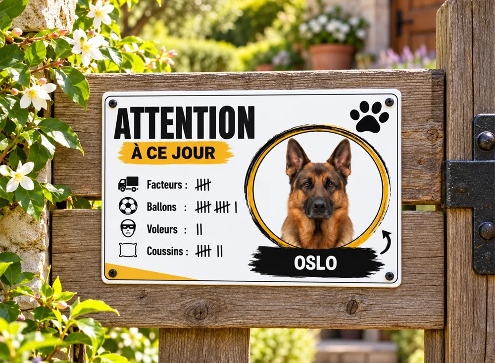 Plaque Attention au chien personnalisée installée sur un portail