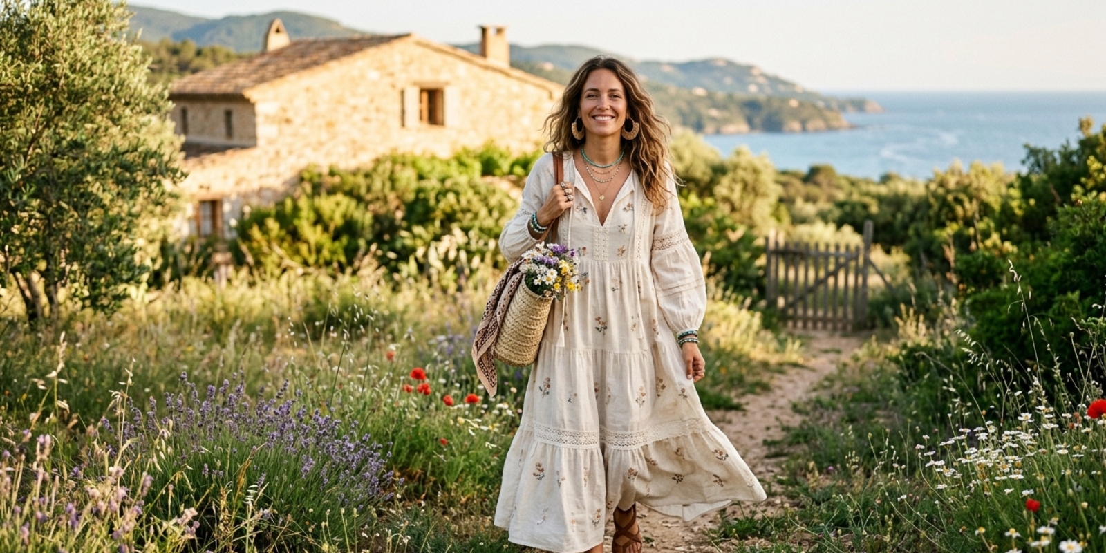 Femme en robe bohème fluide beige, marchant dans la nature avec panier en osier.