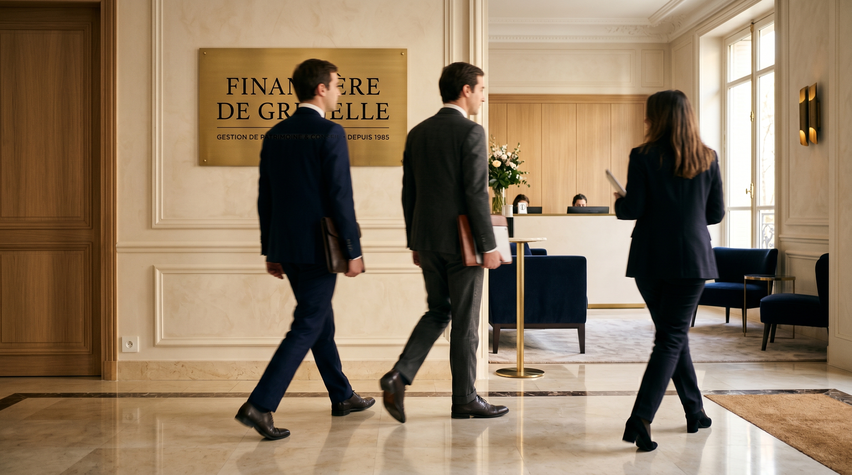Réunion de stratégie patrimoniale au sein des bureaux de la Financière de Grenelle.