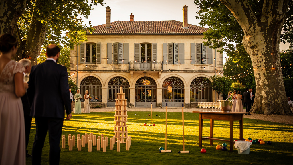 Gäste, die auf dem Rasen des Schlosses La Rode Holz-Hochzeits-Spiele spielen, mölkky und Croquet vor den Arkaden