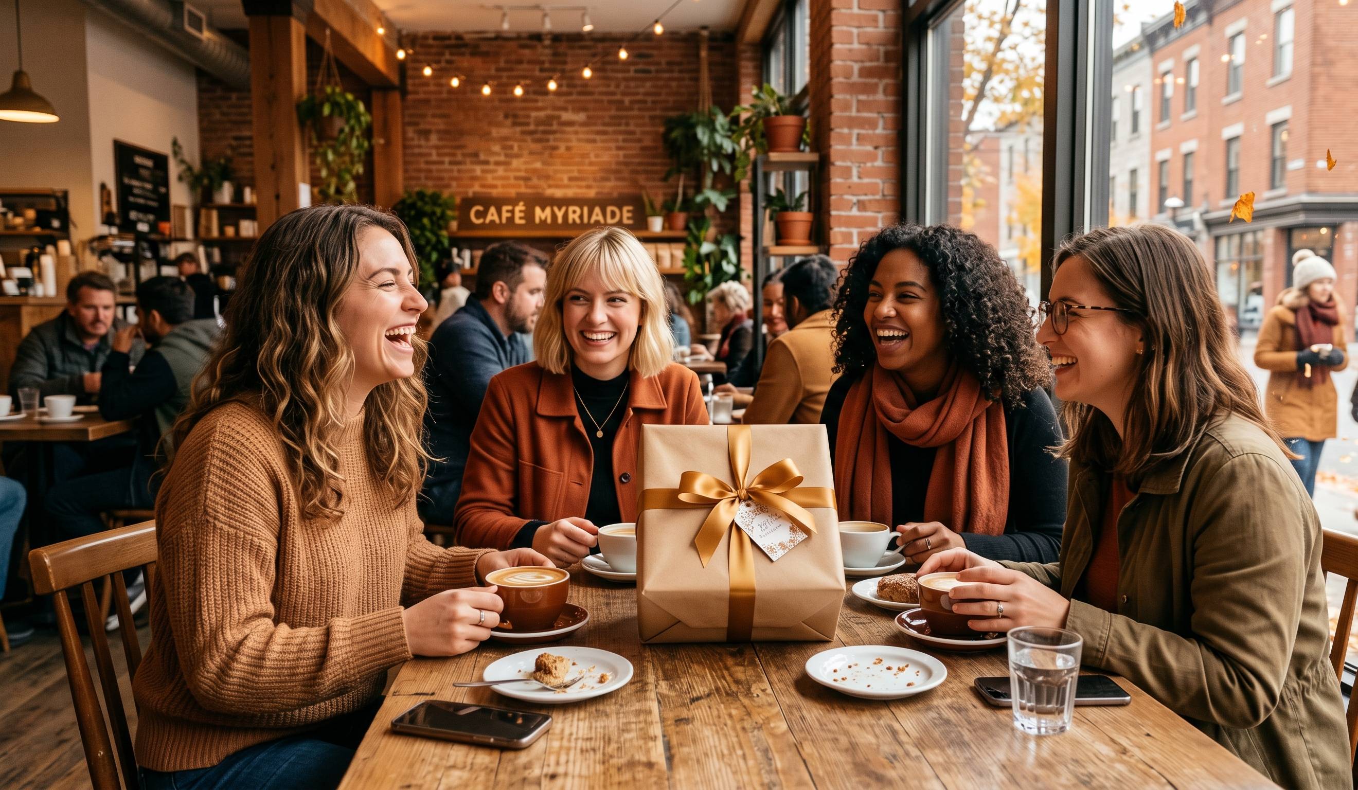 Groupe d'amies riantes autour d'une table de café à Montréal, paquet cadeau emballé en papier kraft et ruban doré au centre, lumière chaleureuse d'automne, ambiance complice. Style photographique éditorial, palette