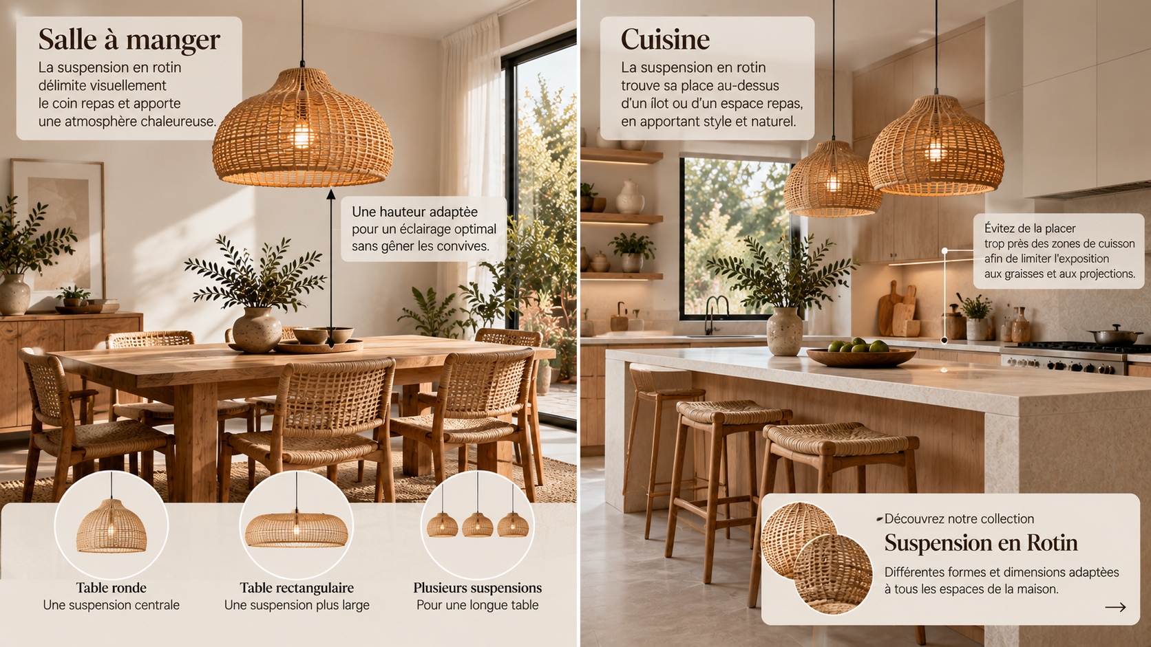 Installer une suspension en rotin dans la salle à manger ou la cuisine