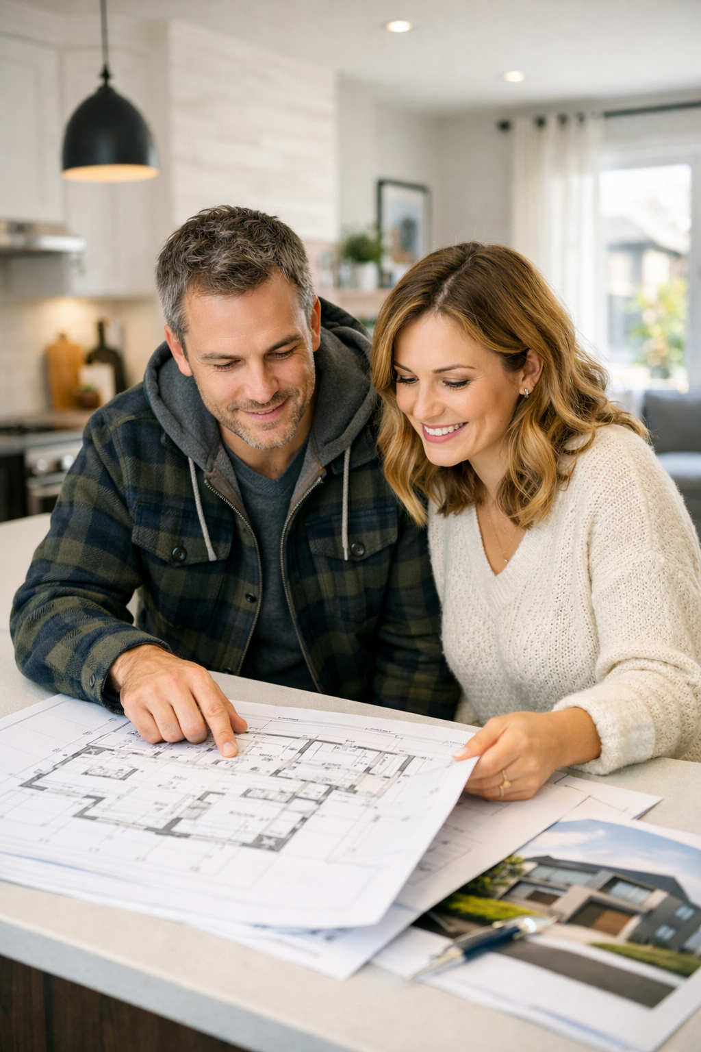 Couple comparant un projet résidentiel neuf au Québec dans une maison témoin contemporaine
