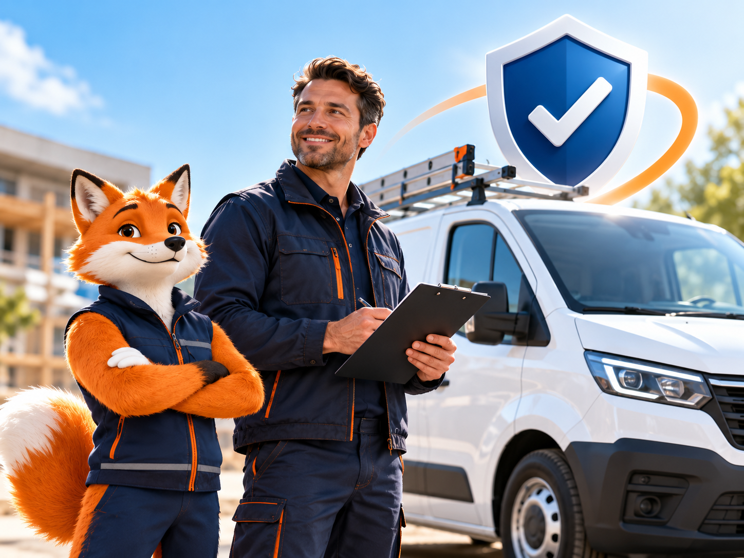 Professionnel du transport devant un camion et symbole de protection assurance, illustration fournie pour le guide assurance camion