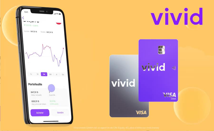 Interface de l'application Vivid Money affichant le Livret et le portefeuille actions