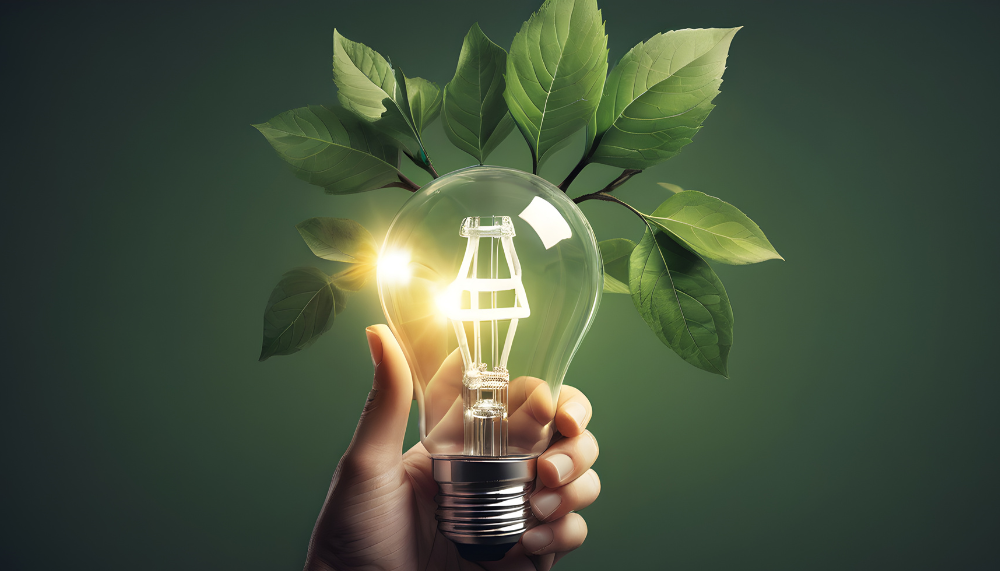 ampoule tenue dans une main avec arriere plan vert et feuilles