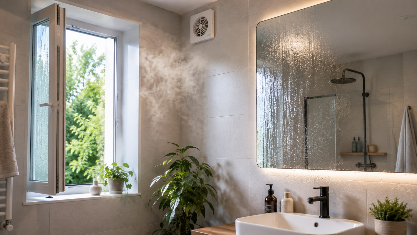 Salle de bain humide avec condensation, fenêtre ouverte et système d’extraction d’air pour favoriser la ventilation.