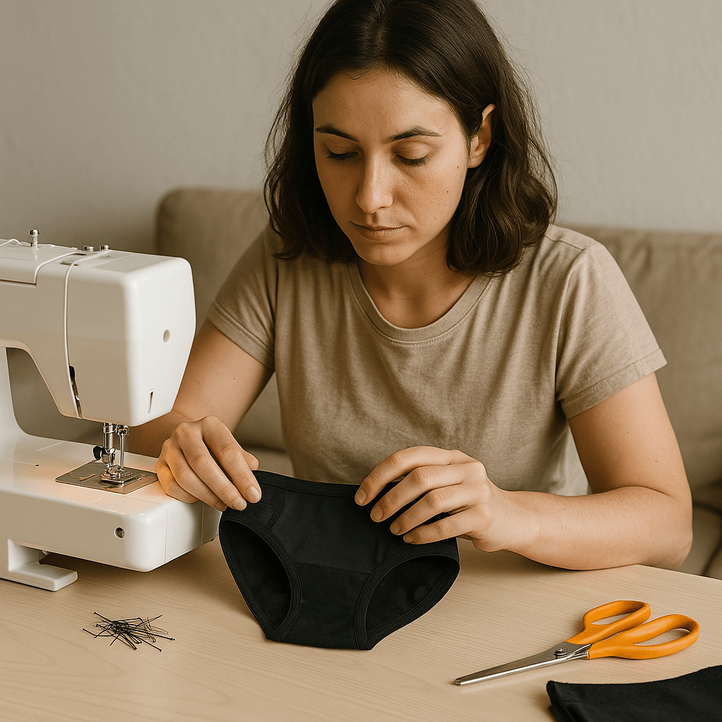 femme qui créée sa propre culotte menstruelle machine à coudre