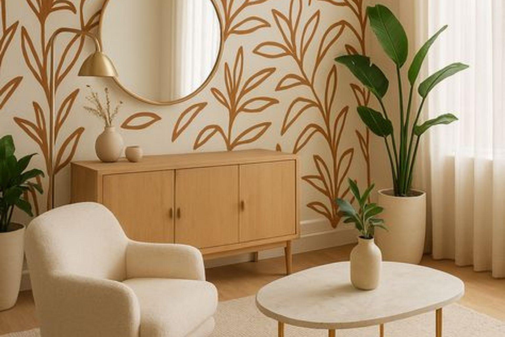 &nbsp;Mur accent bohème en papier peint terracotta avec décoration en rotin