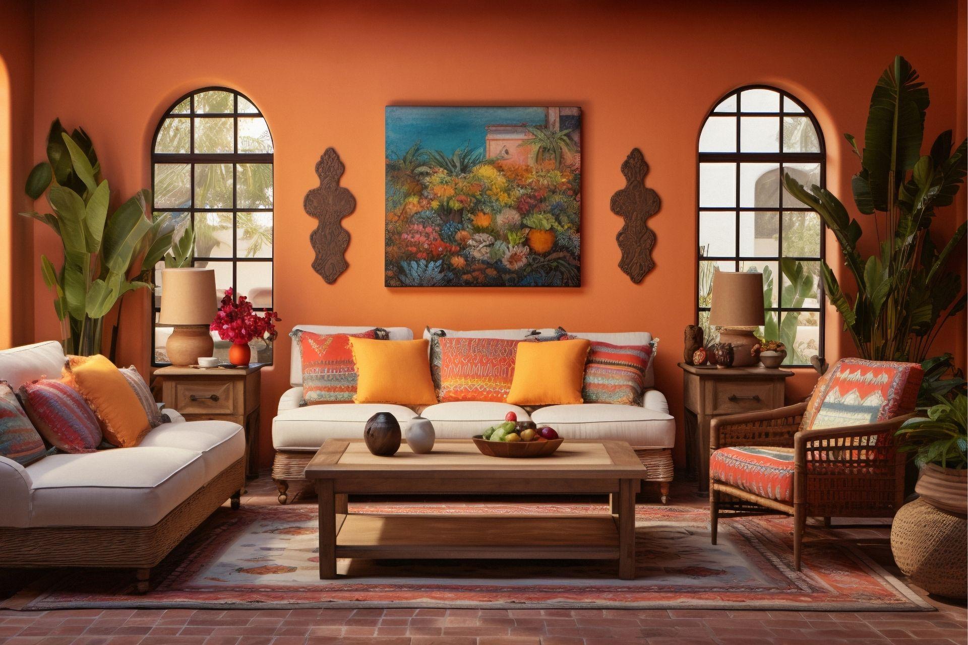 &nbsp;Chambre chaleureuse décorée avec papier peint terracotta et textiles naturels